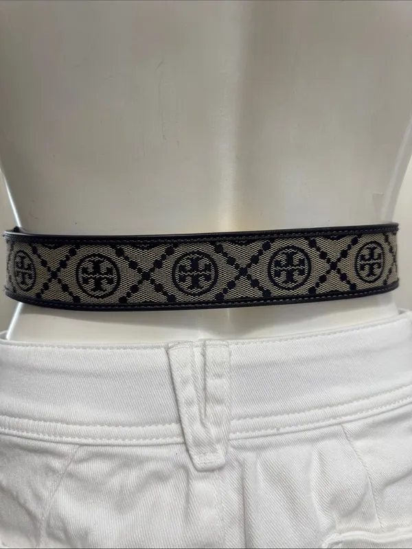 Tory Burch Black and Beige Logo Web Belt with Gold Medallion Buckle Size Small - Image 5