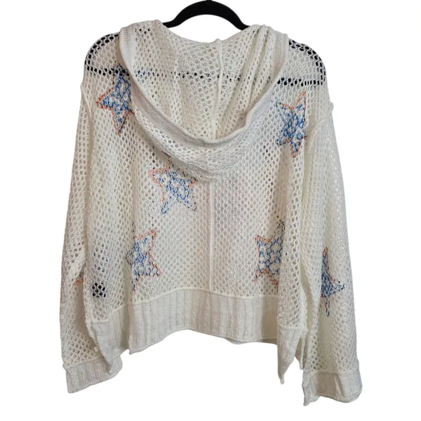 POL White Mesh Star Crochet Hoodie with Blue and Orange Accents - Image 8