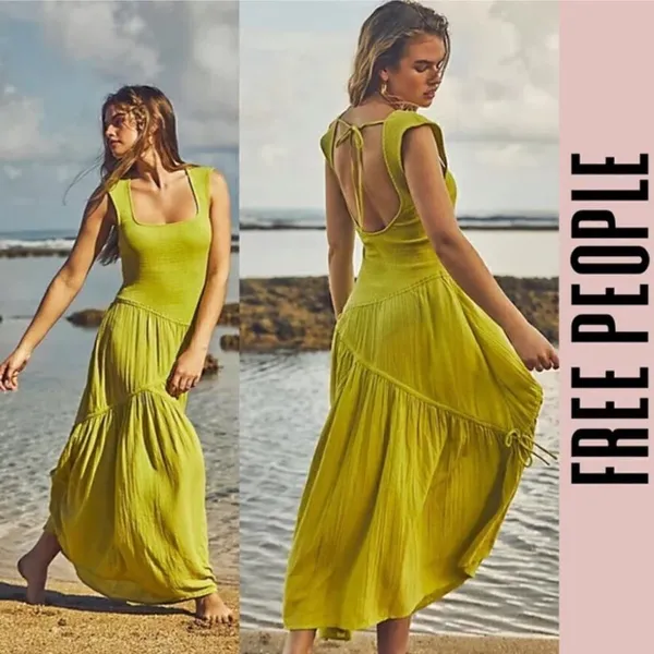 Free People Green MIDI Assymetrical Hem Dress(Size Large) - Image 2