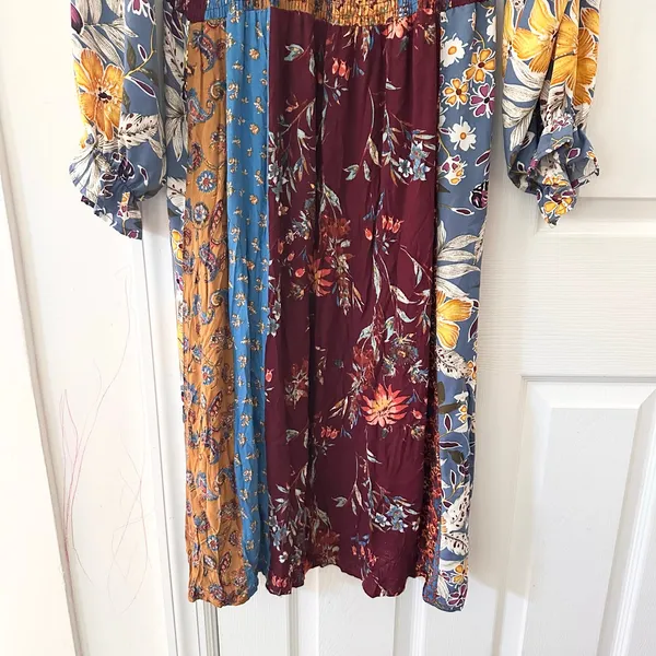Oddi ODDY Bohemian Patchwork Mixed Print Midi Dress Bishop Sleeve Floral Large - Image 4
