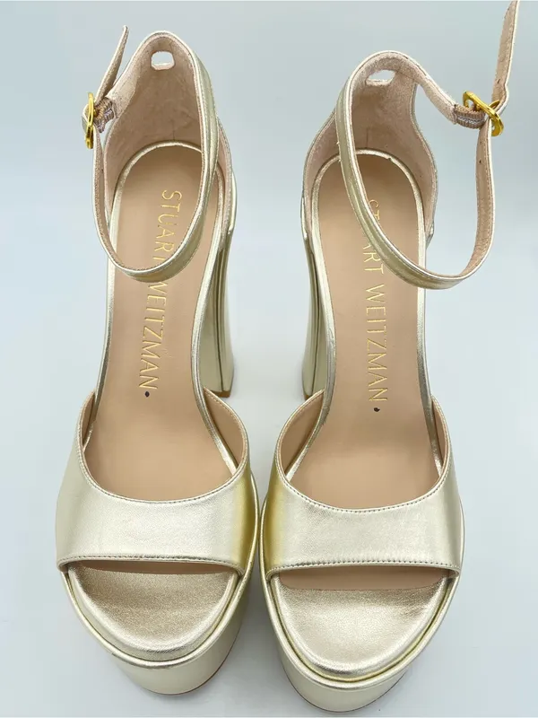 STUART WEITZMAN Skyhigh 145 Gold Metallic Leather Platform Sandals Block Heels - Image 8