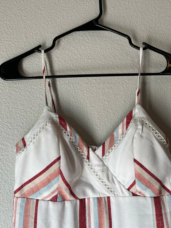 Francesca's White Striped Summer Dress with Rust & Teal Accents - Image 3