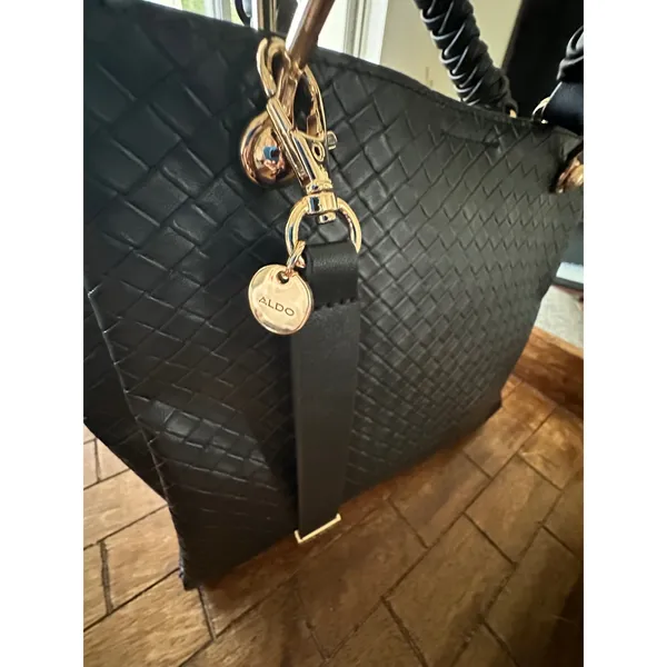 ALDO Gloadithh‎ Black Woven Faux Leather Tote Bag Gold Hardware Top Handle Purse - Image 3