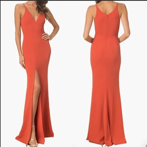 Dress The Population Iris v neck Slit Crepe maxi Gown in orange Size XL - Image 2