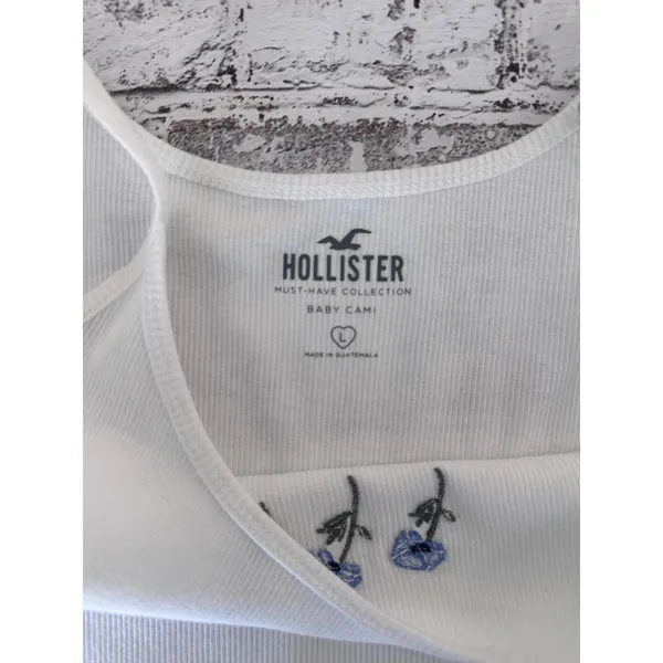 Hollister White Ribbed Baby Cami Blue‎ Floral Embroidery Adjustable Straps Large - Image 3
