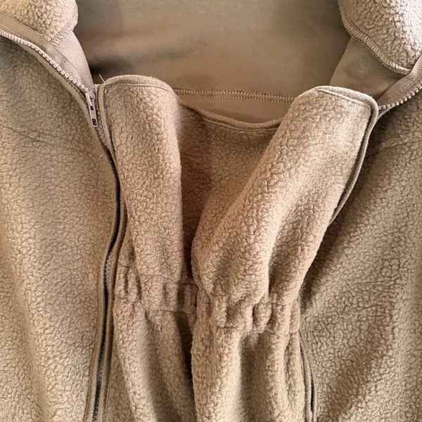 Women's Brown Fleece Style Zip Up Jacket with Zipout Infant Carrier Pocket Size - Image 2