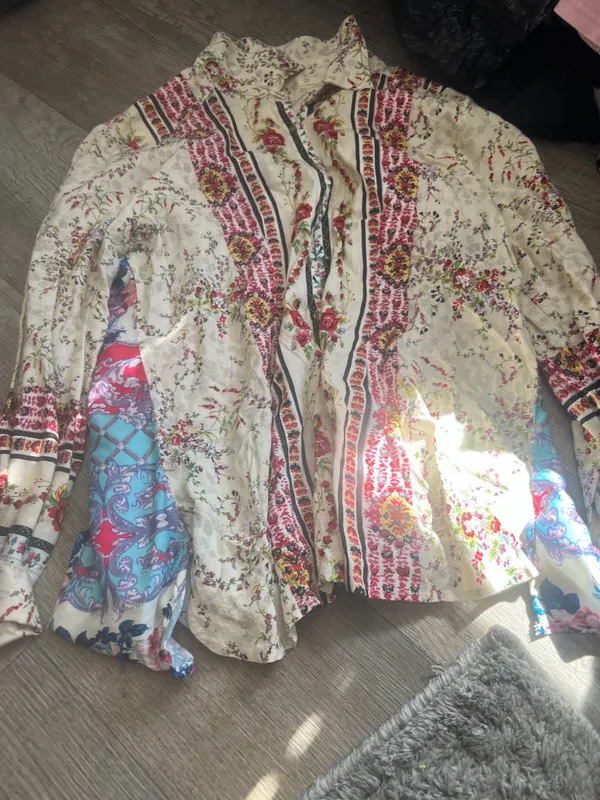 Anthropologie Cyrena Mixed Floral Print High Lo Button Down Linen Blend Top L - Image 5