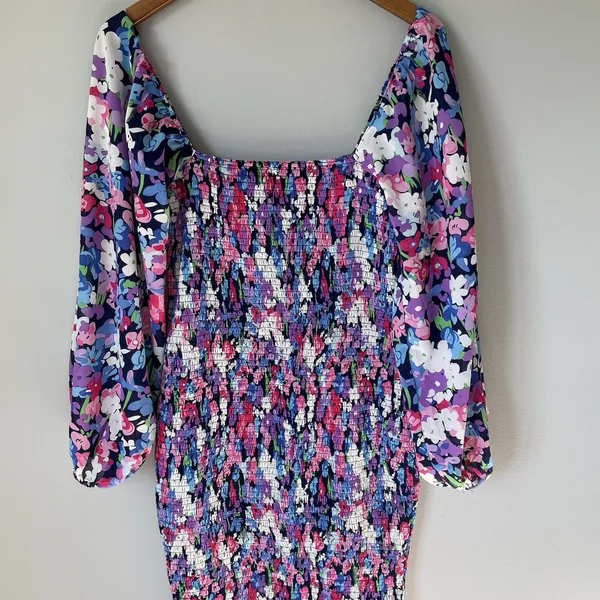 Pink Lily Boutique Floral Print Midi Dress Ruched Bubble Sleeves Size Medium - Image 3