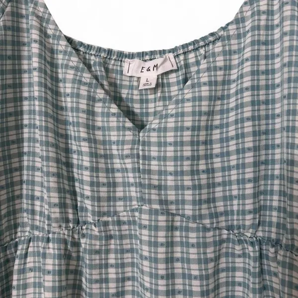 Teal & White Checkered Puff Sleeve Mini Dress - Size Large | E&M Boutique - Image 3