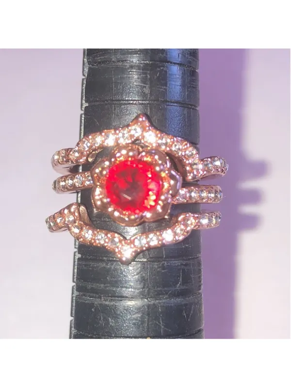 Elegant Rose Gold Tone Red Gemstone Ring Stack with Crystal Accents - Image 7