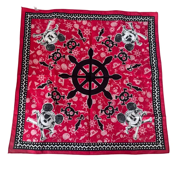 Disney Pirate Mickey Mouse Red Bandana 21"‎ Cotton Square Scarf Skull Crossbones - Image 2