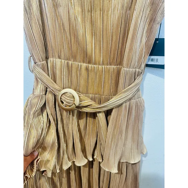 MAC DUGGAL Gold Metallic Plissé Square Neck Pleated Ruffle Belt Detail Dress 8 - Image 7