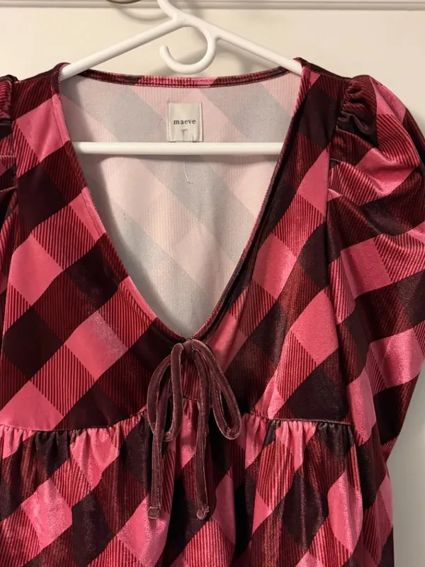 Anthropologie Maeve plaid velvet babydoll top puff sleeves size medium boho - Image 6