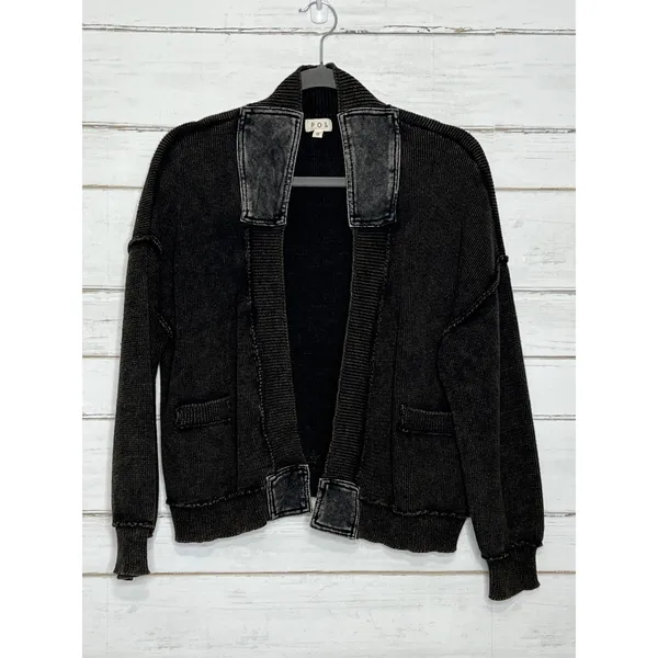 POL Brown Black Cardigan Small Open Front Chunky Knit Acid Wash Boho Grunge - Image 8