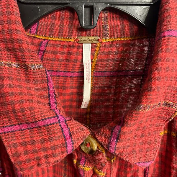Free People Red Plaid Button-Down Shirt - Image 3