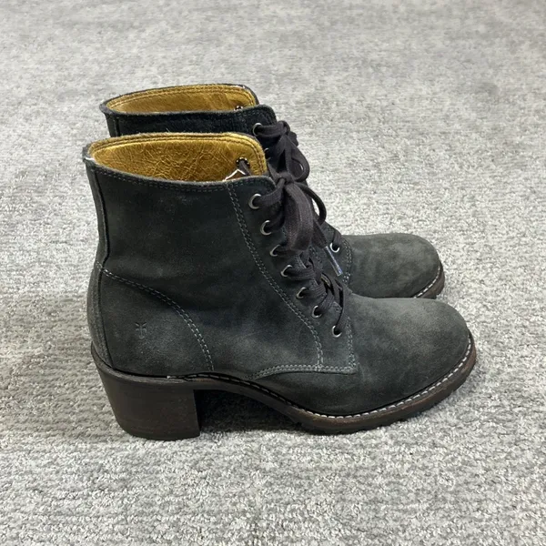 Frye Sabrina 6g Combat Boots Womens 8.5 D Gray Suede Lace Up Made In USA - Image 6
