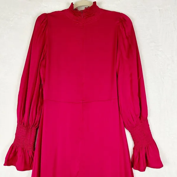 Karlie Solid Smock Neck Midi Dress Size Medium Pink Magenta NEW Satin Thigh Slit - Image 10