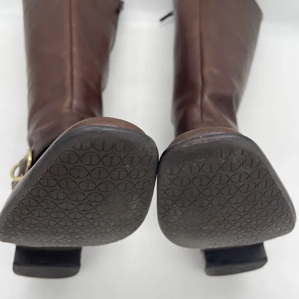 Talbots Womens 7AA Riding Boots Tall Brown Pebbled‎ Leather Gold Buckle Full Zip - Image 15