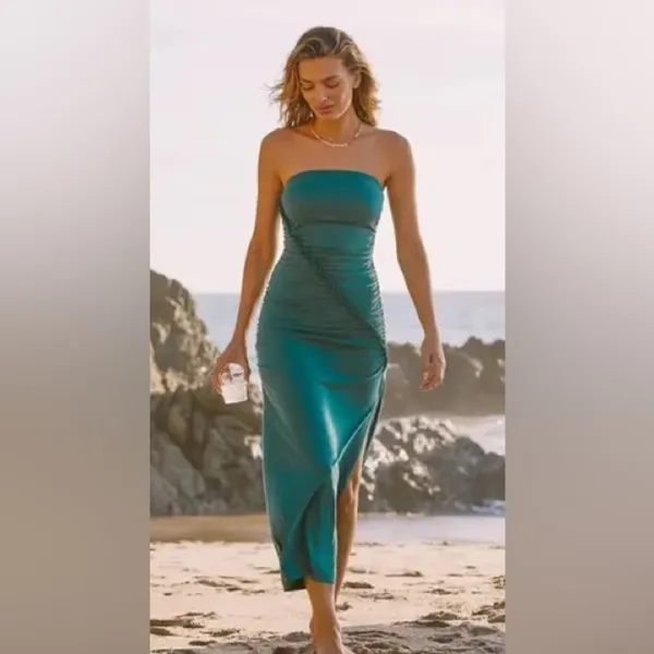 Anthropologie maxi dress The Gabbie Strapless Ruched Tube midi Celandine teal - Image 13