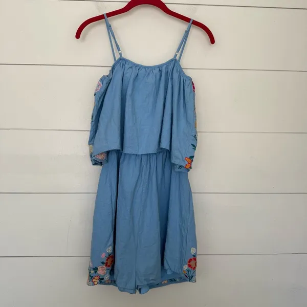 Savanna Jane Women’s Medium Blue Embroidered Romper - Image 3