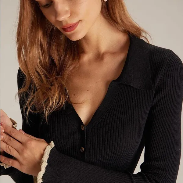 RIHOAS The Black V Neck Contrast Trim Knit Mini Dress XS - Image 4