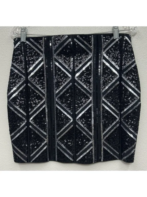 Express Sequin Mini Skirt Medium Black Silver Stretch Pull On Holiday Party Club - Image 3