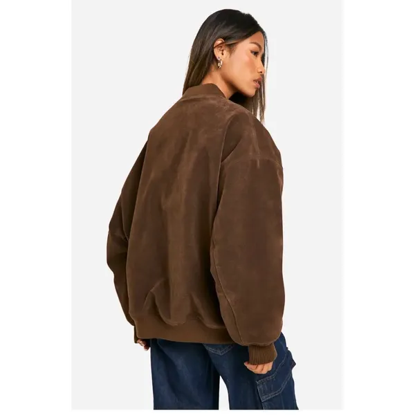 Boohoo Vintage Suede Look Oversized Bomber Jacket Chocolate Brown US 12 NEW - Image 2