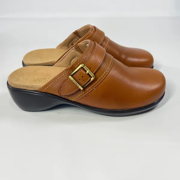 Vionic Orthotic Leather Clog Mules‎ Women's 7 EU 38 Tan Cognac Adjustable Buckle - Image 4