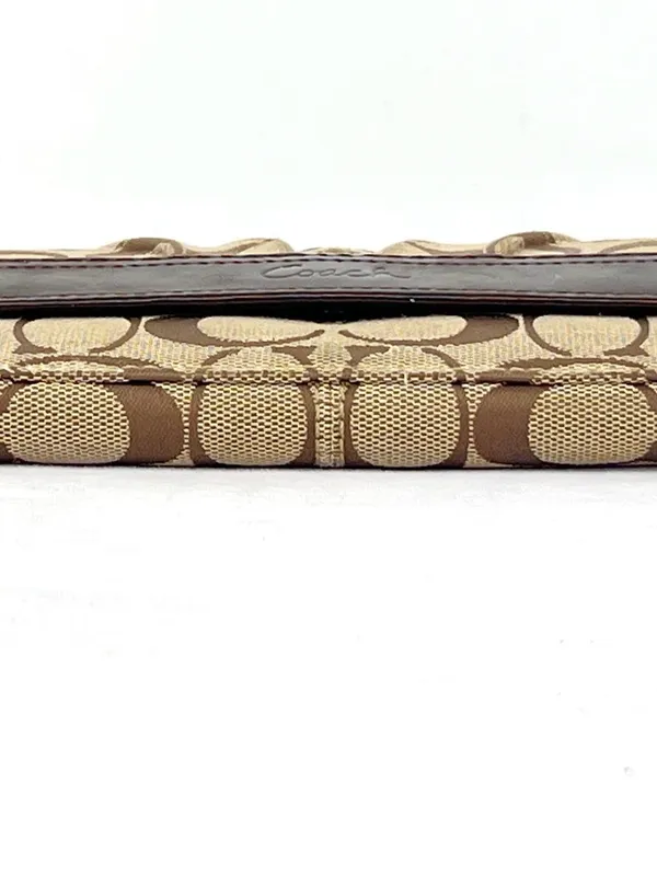 Coach Signature Canvas Khaki Jacquard Brown Leather Trifold Snap Closure Wallet - Image 2