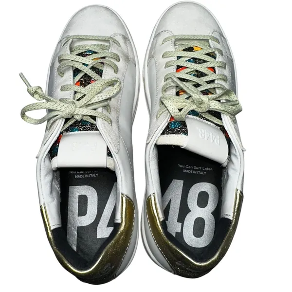P448 Thea Platform Mahlia Mixed‎ Suede Leather Sneakers Gold Heel Women's 39 8.5 - Image 9