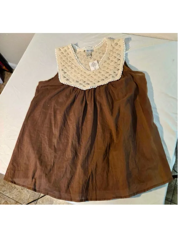 Cute Options Women’s Crochet Lace Babydoll Tunic Top Brown Size M Fading Flaw 17 - Image 4