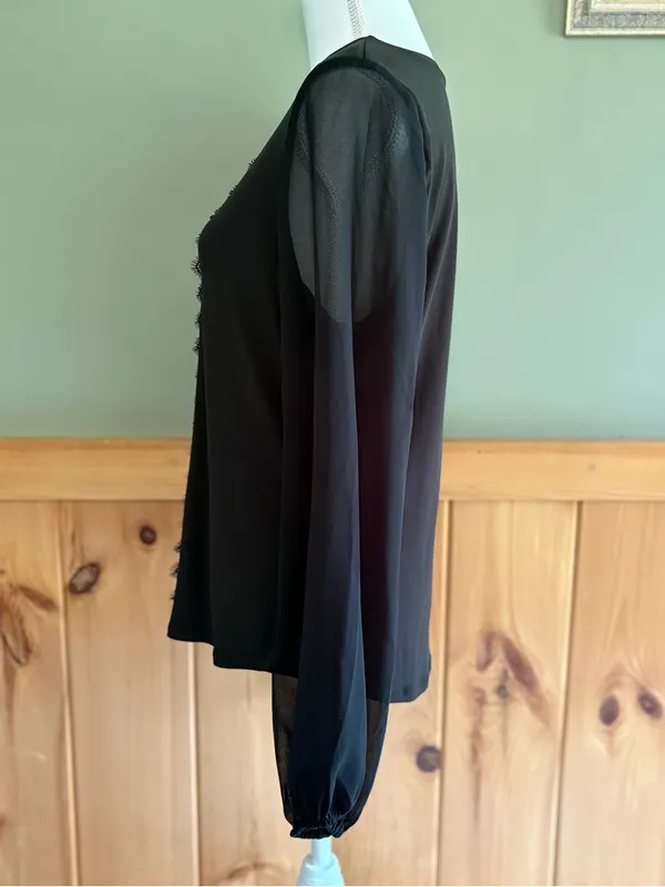 White House Black Market Black Long Sheer Sleeve Keyhole Blouse with Trim M NWT - Image 4