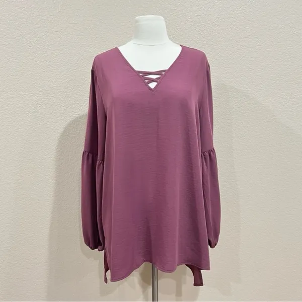 Maurices Mauve Pink Lantern Sleeve Lattice Neck Blouse Size Large - Image 5