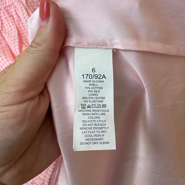 Kate Spade Gingham Dress Women 6 Pink Silk Blend V-Neck Fit Flare K7652 - Image 6