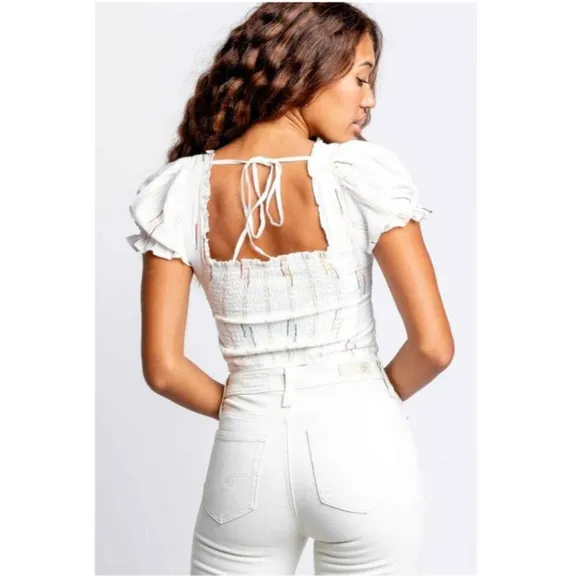Free People Women Cropped Corset Smocked Top Sz S White Puff Sleeve Cottage Boho - Image 2
