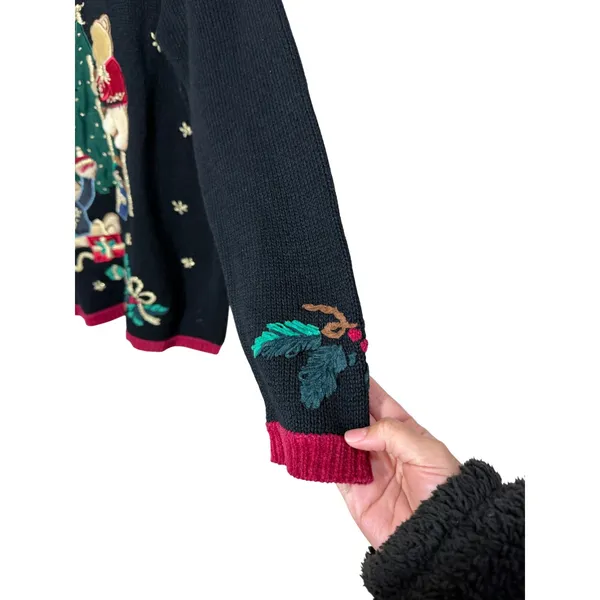 Nutcracker Black Christmas Sweater Teddy Bears Decorating Tree Holiday Knit M Size M - Image 4