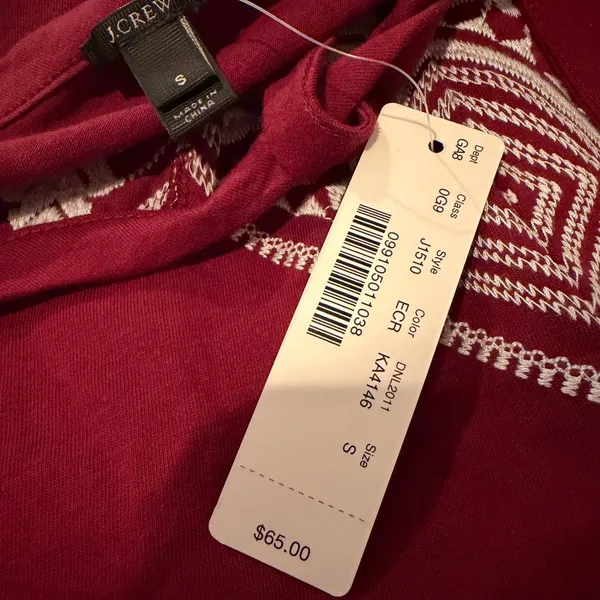 J. Crew Embroidered Tie‎ Neck Long Sleeve Top Women's Small Burgundy Boho Hippie - Image 7
