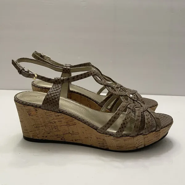 Tahari Star Cork Wedge Platform Tan‎ Snakeskin Sandal Women's 8 M Shoes Open Toe - Image 2