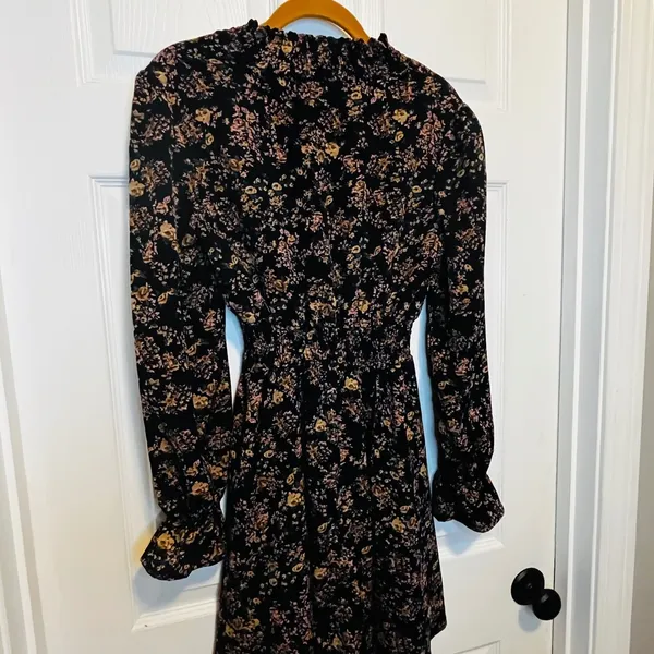 SheIn Black Floral Long Sleeve Mock Neck Smocked Waist Mini Dress XS Whimsical Gothic - Image 3