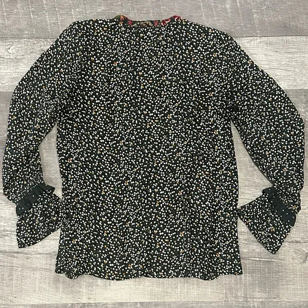 LOFT Long Sleeve Mini Print Blouse Womens M Ruffle Cuff Black Floral Flowy - Image 5