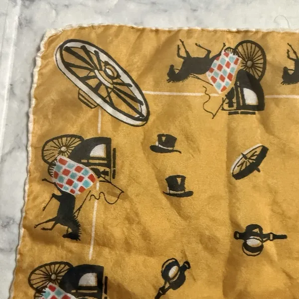 Horse Carriage Yellow Rolled Edges Hand Stitched 17" Square Scarf, 1950s, MCM - Image 8