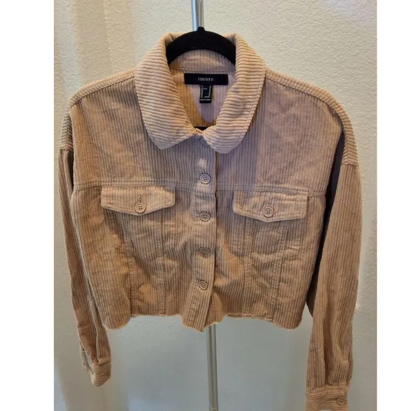 Forever 21 Soze M Womens Corduroy Ivory Crop Frayed Jacket Long Sleeve - Image 3