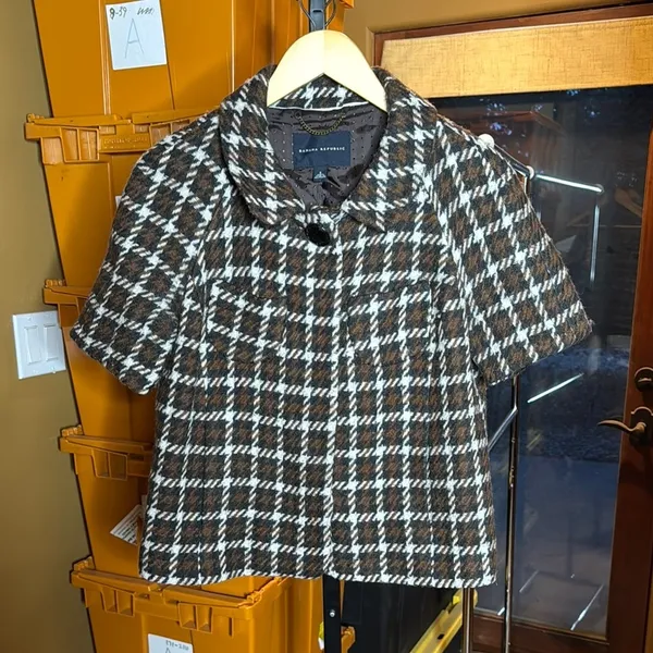 Banana Republic Brown Plaid Houndstooth Wool Blazer Jacket Short Sleeve Sz Small - Image 2