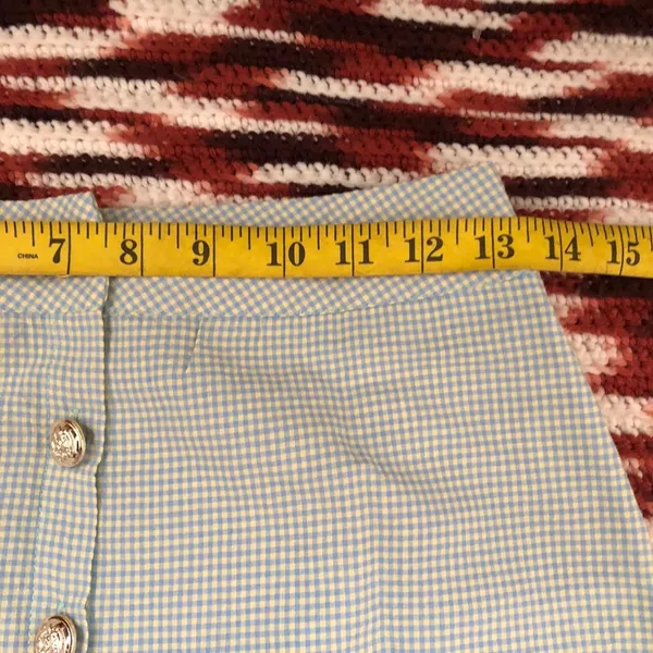 Y2K Coquette Mint Pastel Green white checkered plaid gingham houndstooth high-waisted mini skirt gold buttons #cottagecore #preppy #academia office siren core Measurement in pics - Image 2