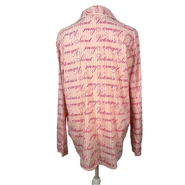Victoria's Secret Spellout Button Up Striped Sleep‎ Shirt Women's Size M Pink - Image 4