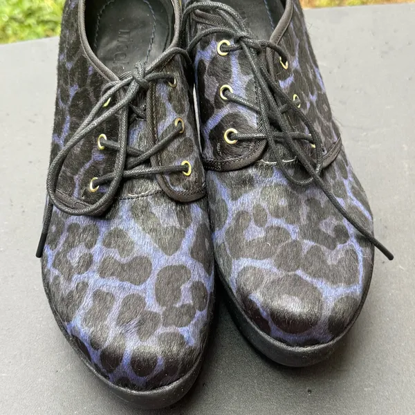 Nicole Wedge Oxfords Women Size 8M Black Blue Leopard Print Lace Up Shoes - Image 6