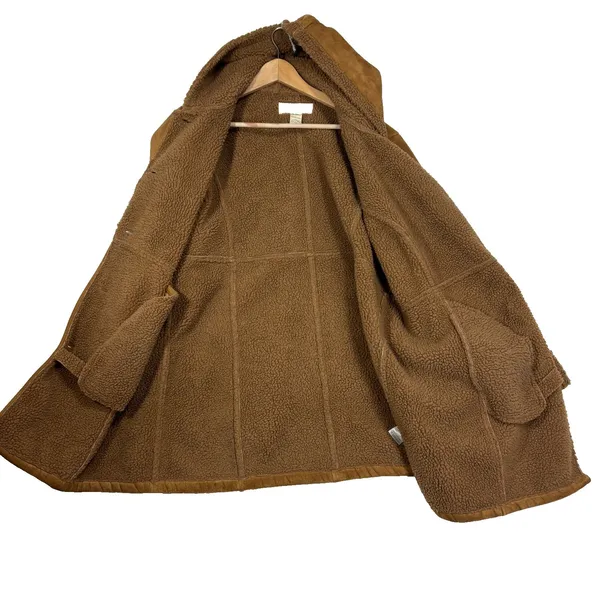 Very Veranesi Faux Suede Shearling Coat‎ Brown Sherpa Lined Hooded Vintage 90s L - Image 3
