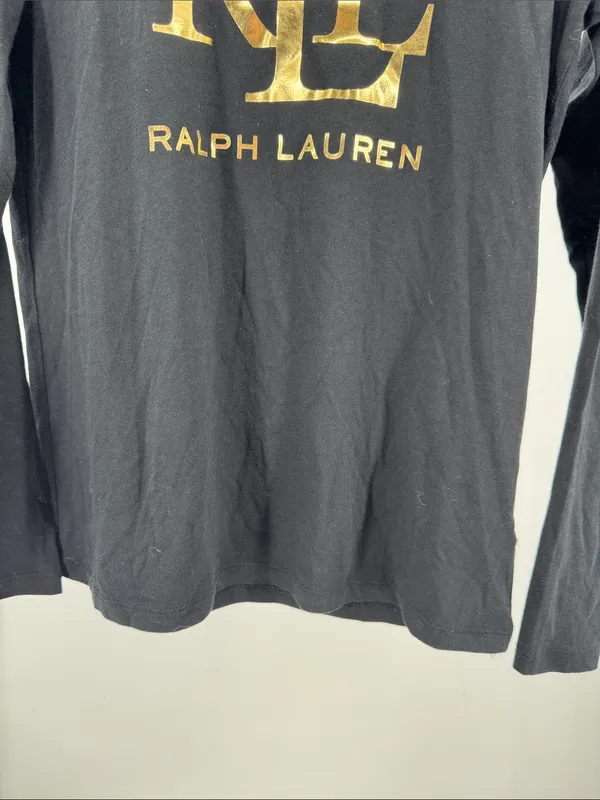 Ralph Lauren Black Long-Sleeve Tee Gold RL Logo S casual layering lightweight - Image 4