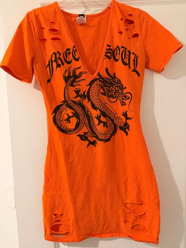 Orange V-Neck Mini Dress with Black Dragon Graphic - Image 3