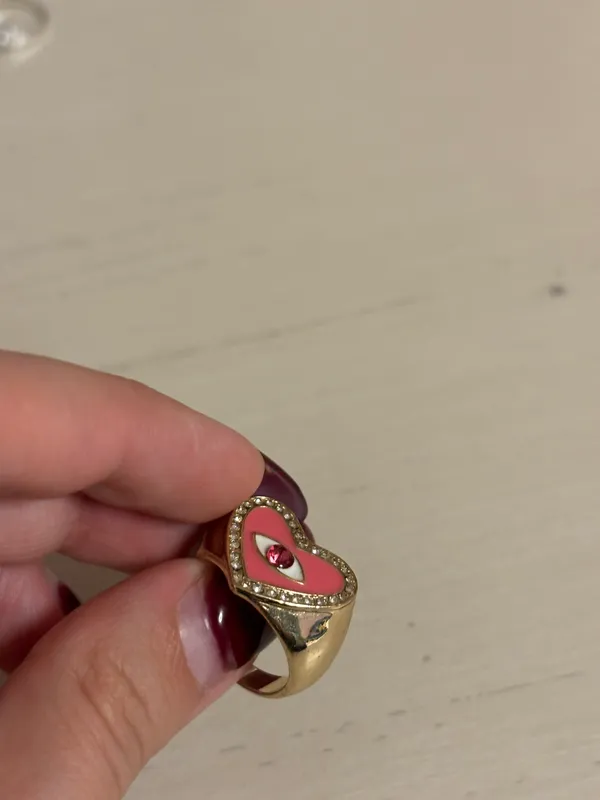 Nordstrom Rack Gold tone heart shape evil eye pink chunky retro ring size 7.5 - Image 3